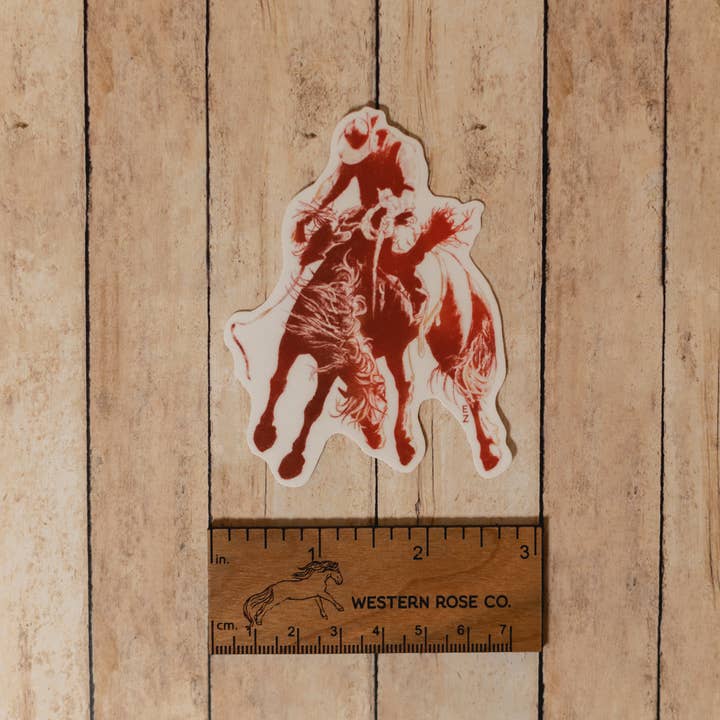 Autocollant Cowboy et Bronc Bucking en rouge pour la vente par Western Rose Studios
