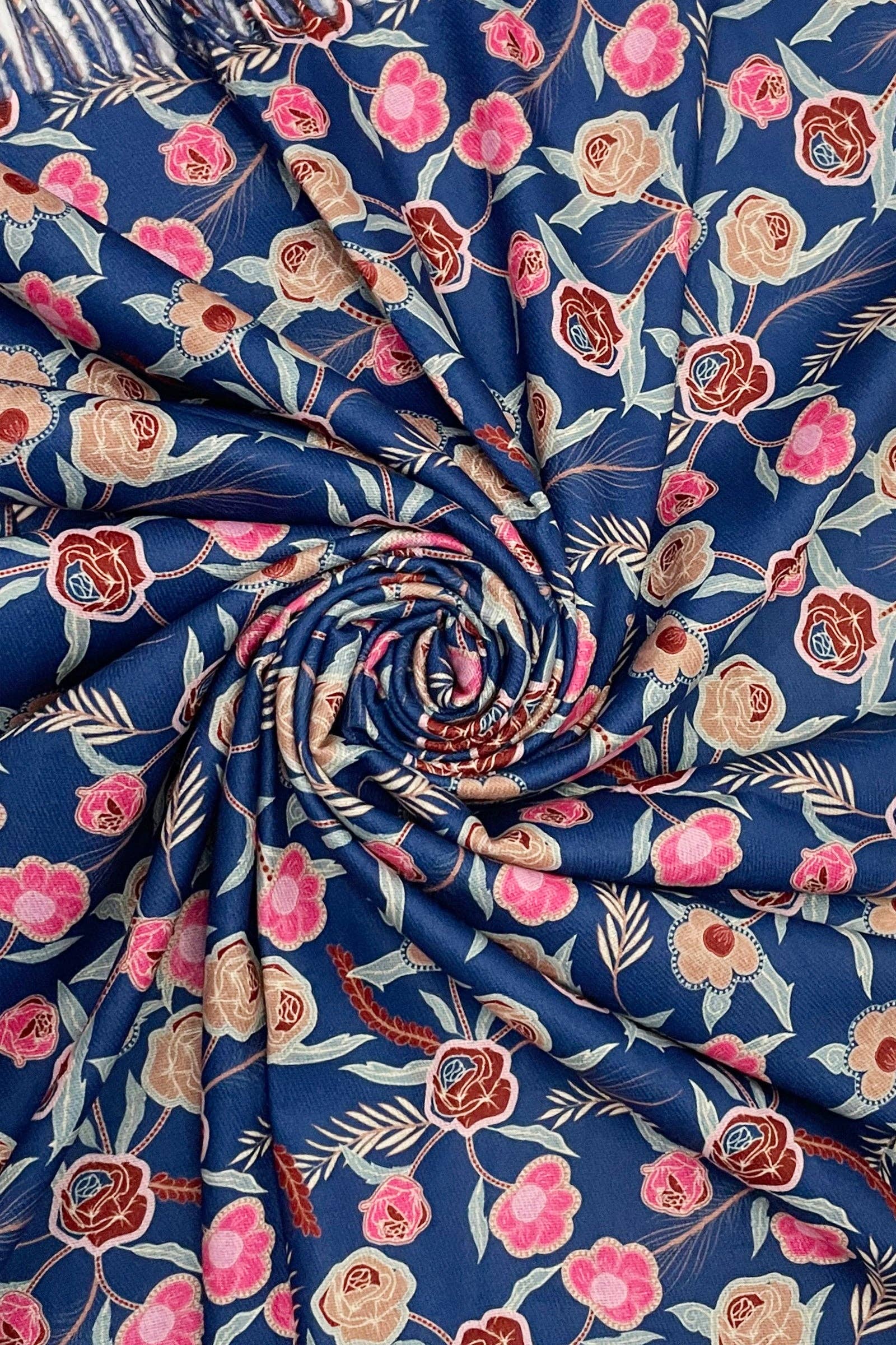 Marineblau Quastenschal aus Wolle in Rosa und gemischtem Blumenmuster für den Großhandel auf Faire3