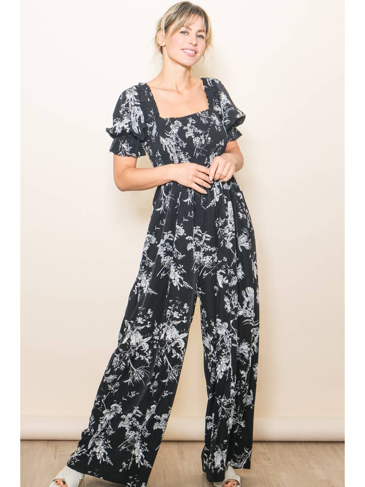 Elloh Collection - Wholesale Jumpsuit - Women's - Square Neck Puff Sleeve Wide Leg Antique Floral Jumper 2