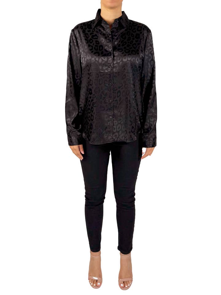 SB2155X-B - Black - Button Front Animal Print Blouse A3677 for wholesale by K & C Clothing, Inc.