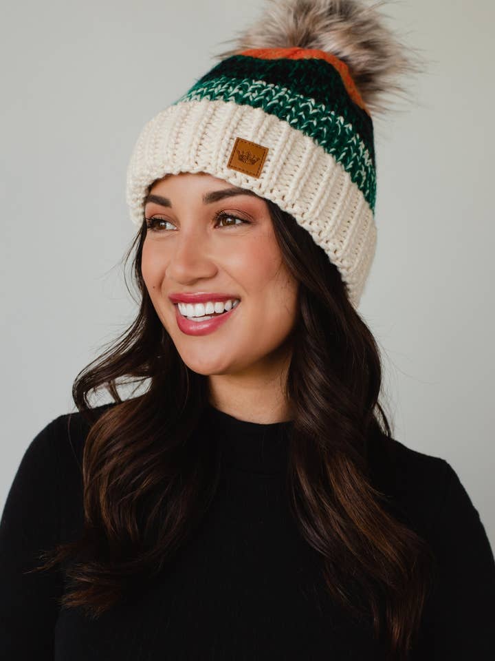 White, Green & Orange Patterned Pom Hat for wholesale by Panache Apparel Co.
