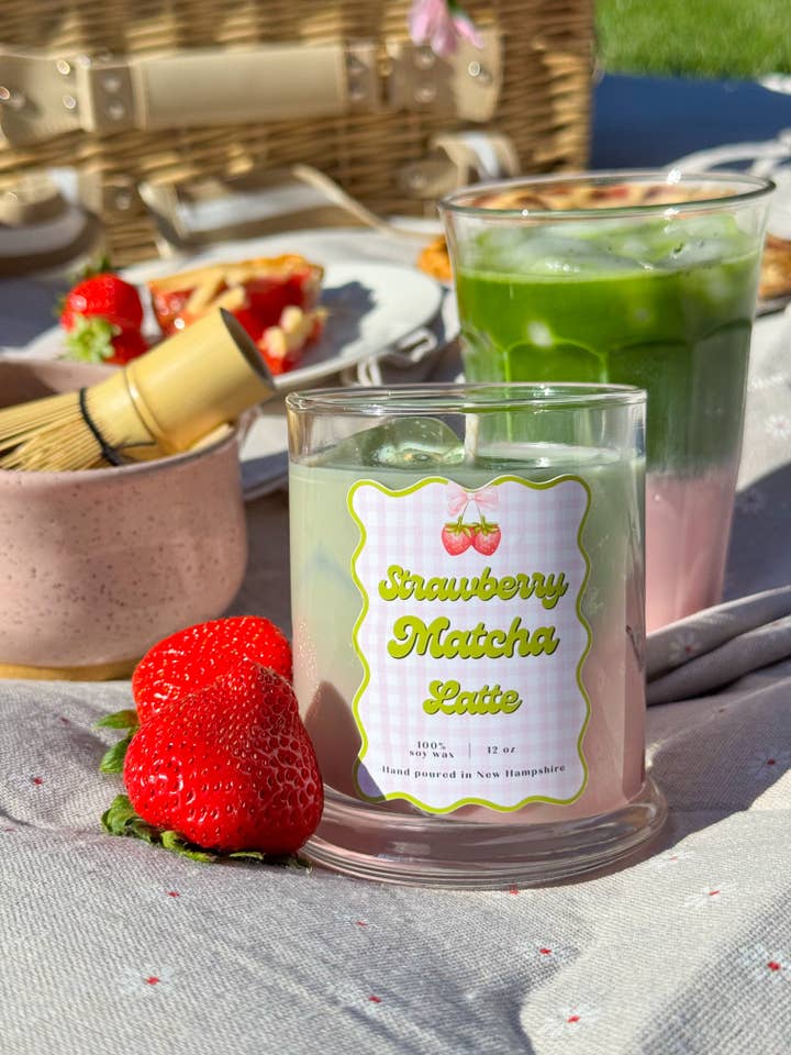 Strawberry Matcha Latte Candle for wholesale by Our Cheery Corner