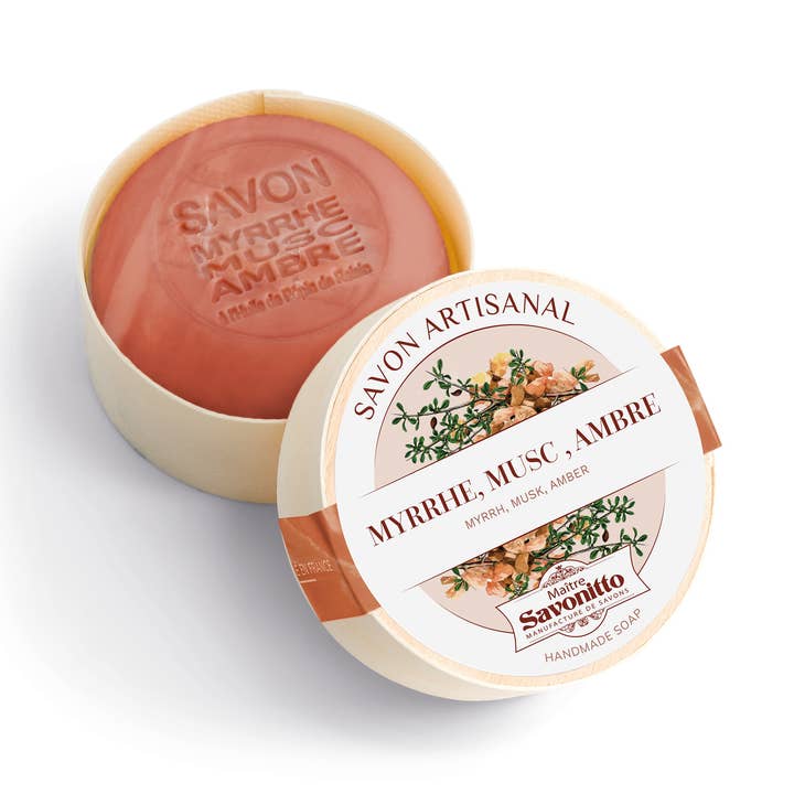 Savon Myrrhe, Musc et Ambre dans Boîte en Bois 100g pour la vente par MAITRE SAVONITTO
