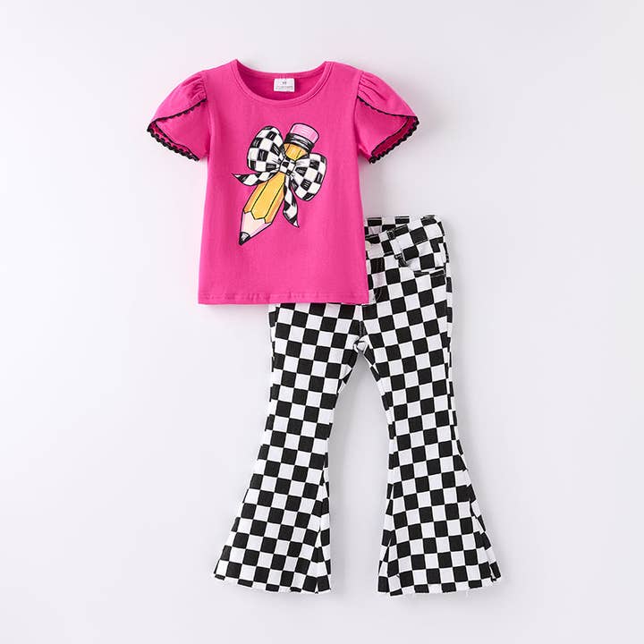 Ensemble jean à carreaux noir avec nœud crayon imprimé pour filles de retour à l'école pour la vente par Auraquise