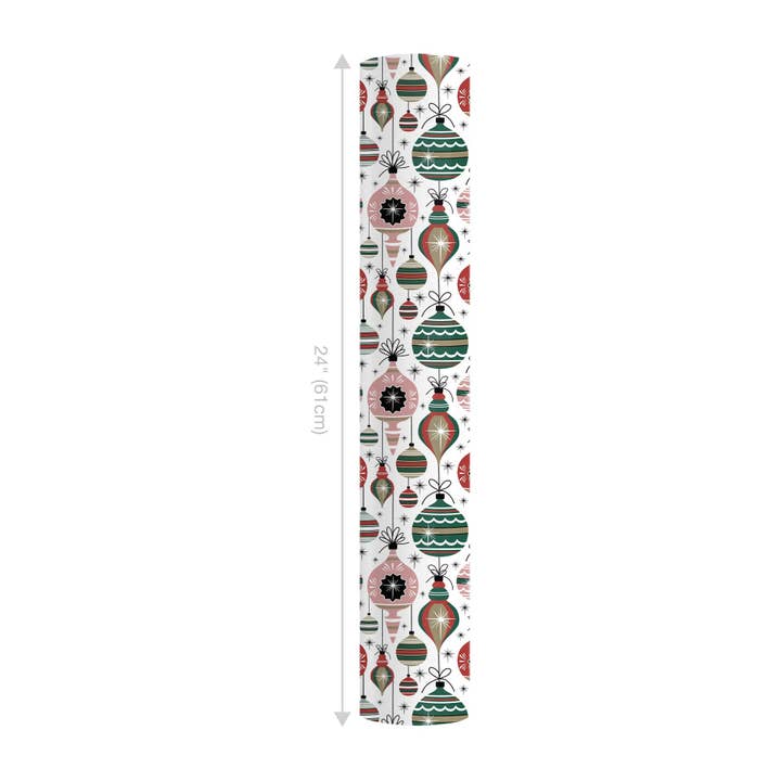 LA Ribbons Wholesale - Wholesale Wrapping Paper Roll - 24" x 417" Reversible Holiday Wrapping Paper | Retro Ornaments/Retro Snowflakes and Stars
1