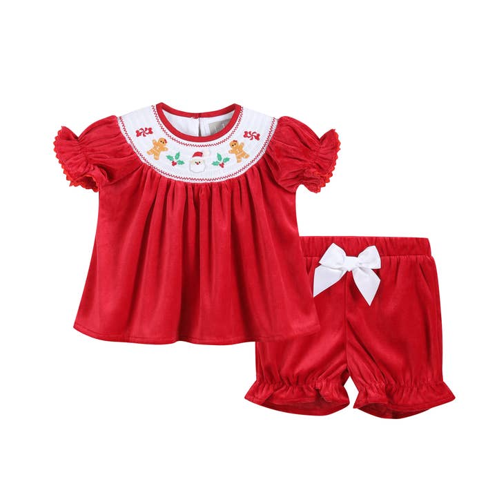 Lil Cactus - Wholesale Clothing Set - Baby - Red Velvet Christmas Smocked Dress and Bloomers Set