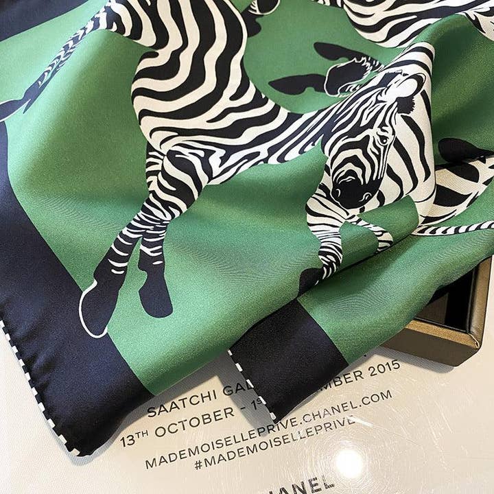 SueSilkHK - Wholesale Scarf - Women's - Green Zebra Pattern Luxurious 70cm Mulberry Silk Square Scarf/Hand-Rolled Hem/Small Neck Scarf/Gift For Her4