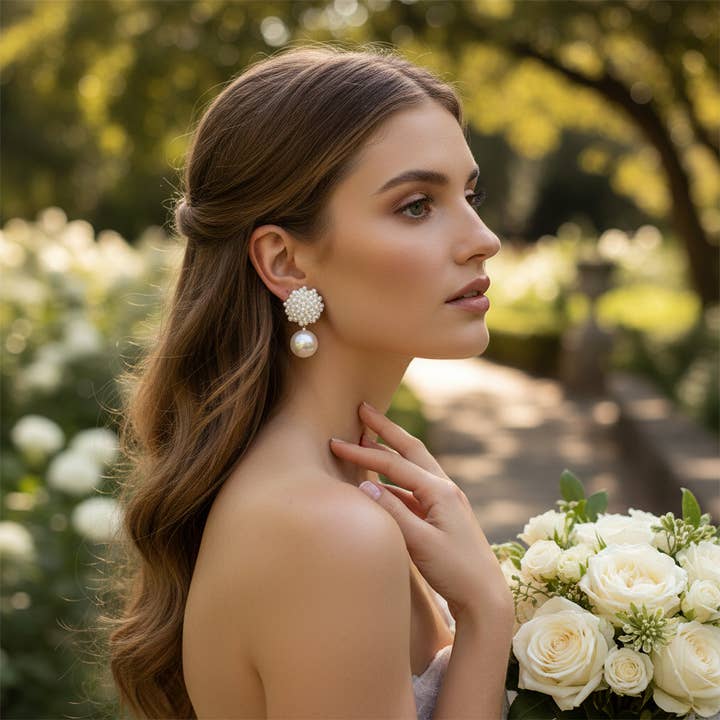 Athena Bridal Jewellery - Wholesale Dangle Earrings - ATHENA COLLECTION - PEARL CLUSTER EARRINGS - CZER869 GOLD