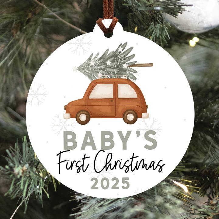 Baby's First Christmas Ornament 2025 | Rust Car for wholesale by Knotty Design Co.