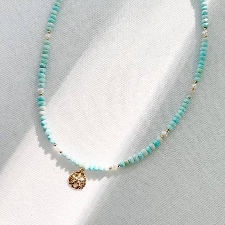 Sand Dollar Turquoise Beaded Choker Necklace Gold Filled for wholesale by True by Kristy Jewelry
