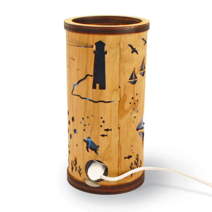 Made and Assembled - Wholesale Accent/Desk Lamp - Cherry Veneer Column Light - Ocean
