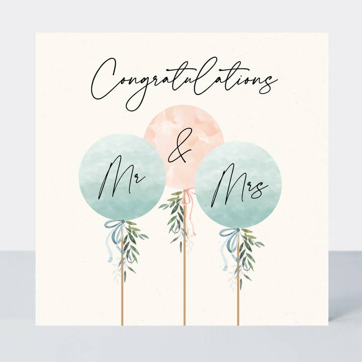 Camille Congratulations Mr & Mrs Wedding Balloons Card for wholesale by Petimo