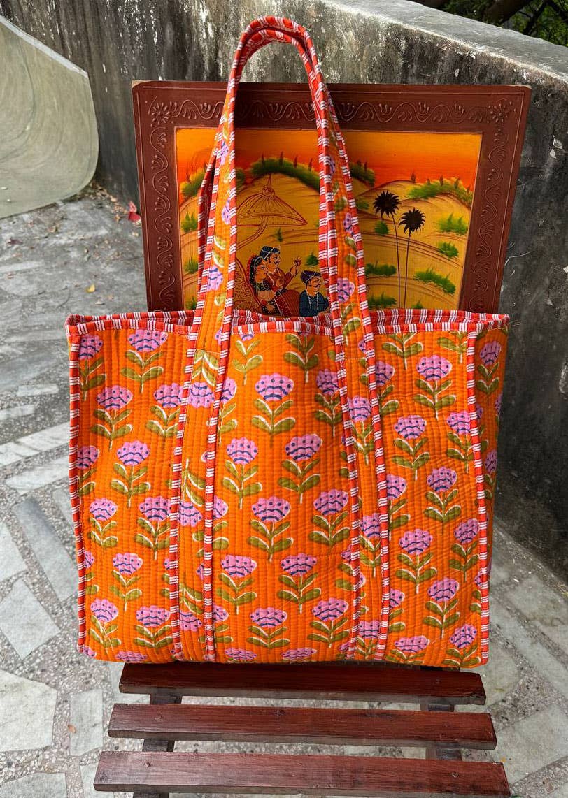 Bhawana Handicrafts - Wholesale Tote Bag - Women's - Orange Cotton Bag Floral Printed Bag Quilted Bag Women Bags 1