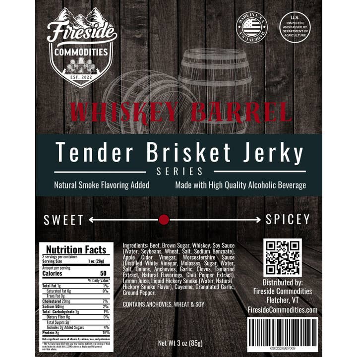 Fireside Commodities – Großhandel Trockenfleisch – Whiskey-Fass Brisket Rindfleisch-Jerky - 85g