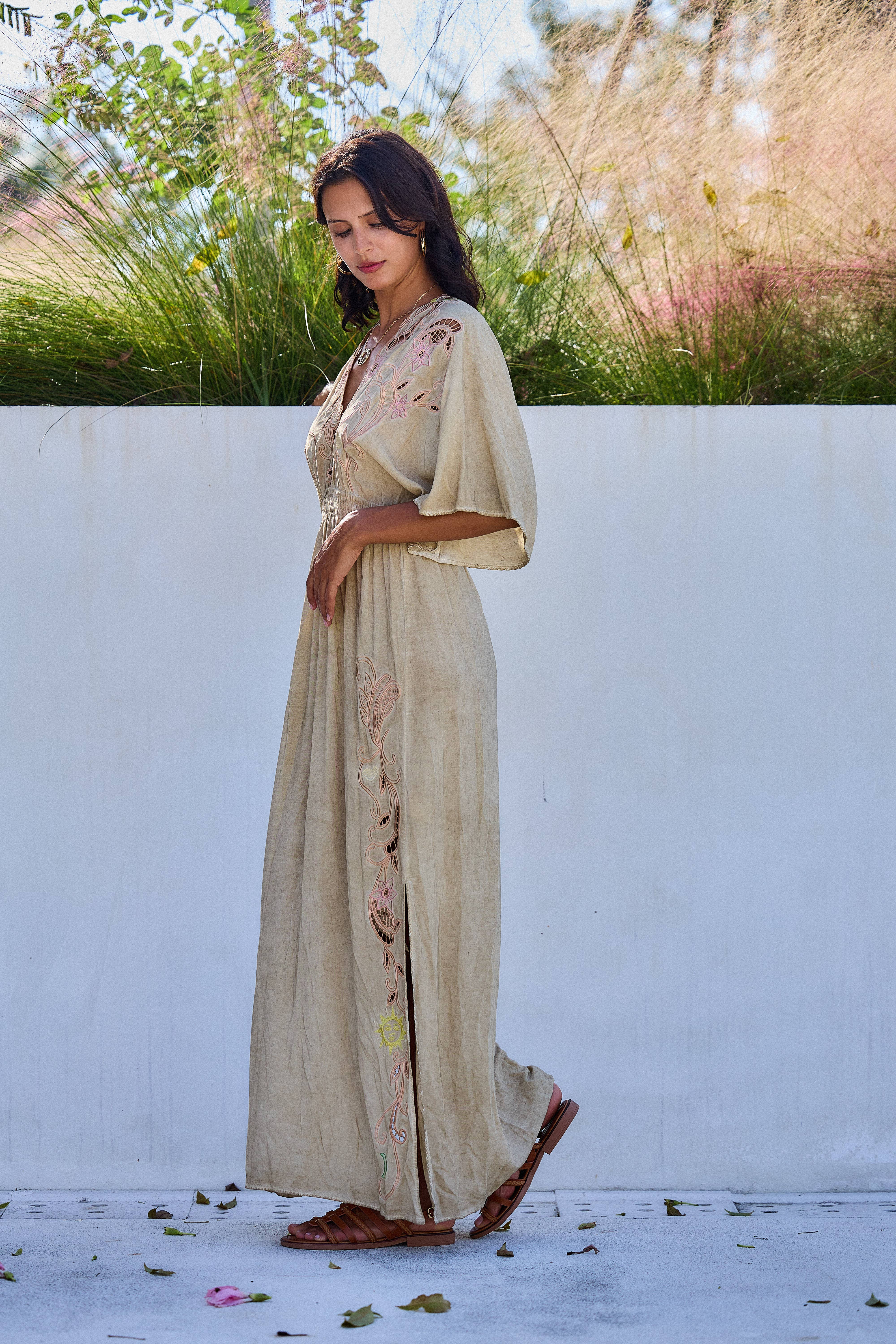 Beige Long symmetrical dress with openwork embroidery, flared cut for wholesale on Faire4