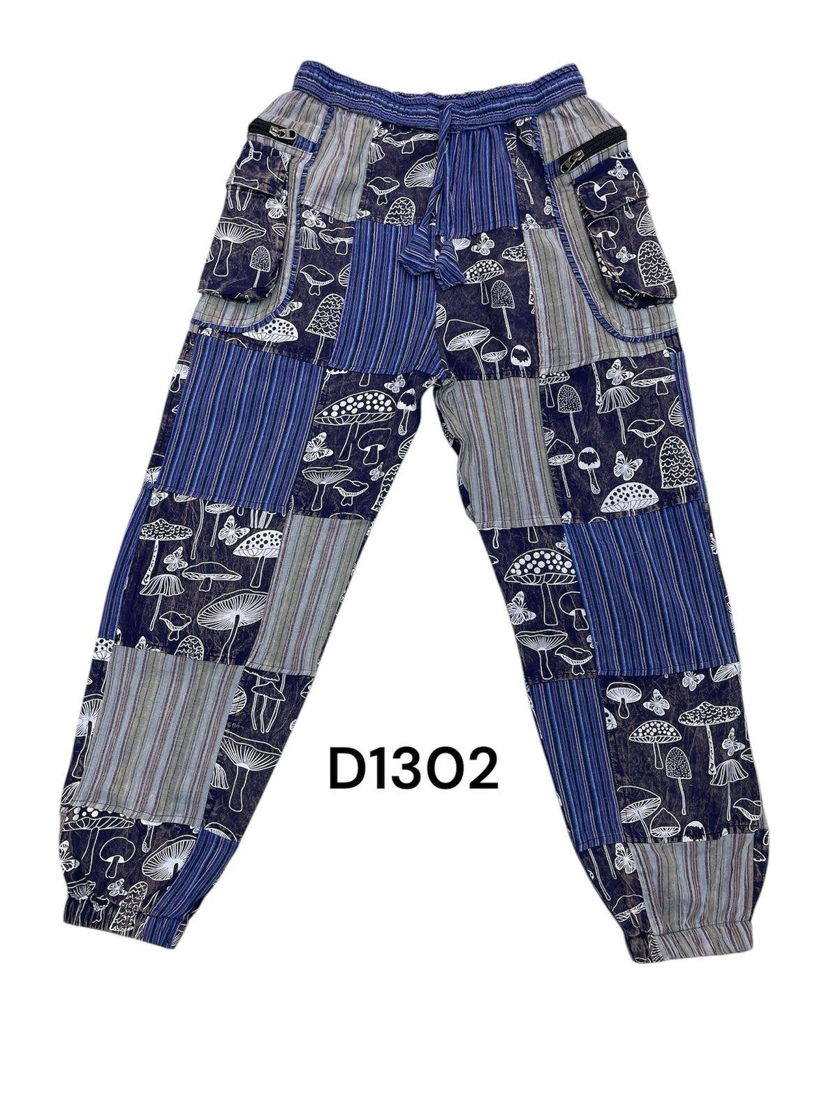 Rising International Inc - Wholesale Overalls - Women's - Cotton Blue Multi Patchwork Bottom Closer Mushroom Pant