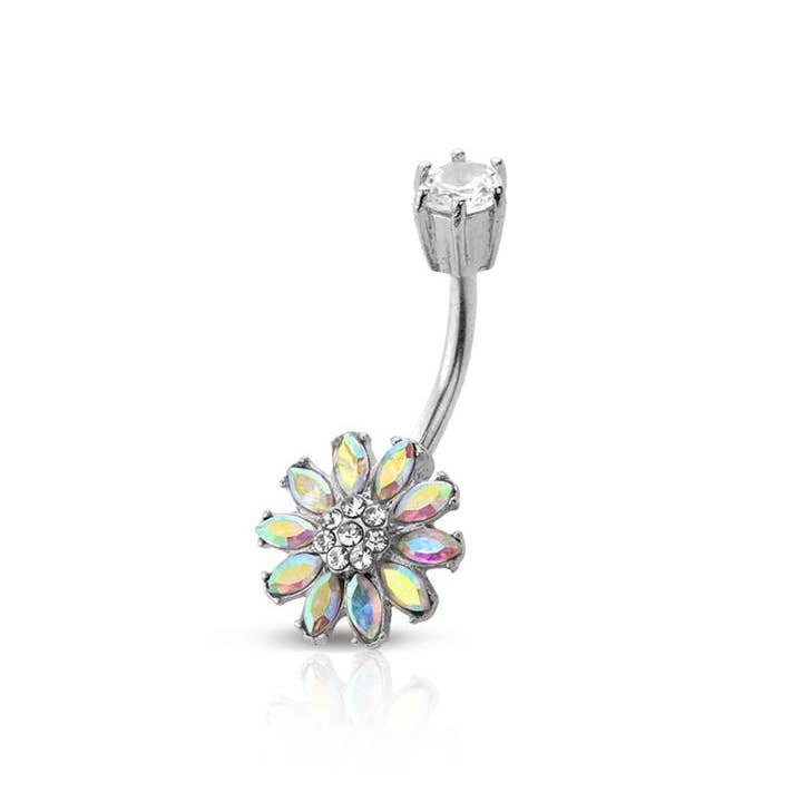 CRAVE BODY JEWELRY - Wholesale Belly Ring - CZ FLOWER WITH CROW TOP 316L SURGICAL STEEL NAVEL RING