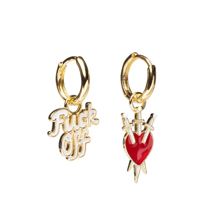 F*ck Off & Heart/Daggers Hoop Earrings - Gold Statement for wholesale by Yellow Owl Workshop