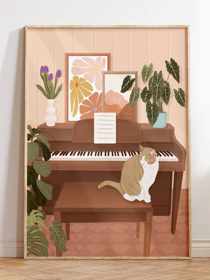 Cat & Piano Art Print for wholesale by Illustrations Its Funny Howww Inc