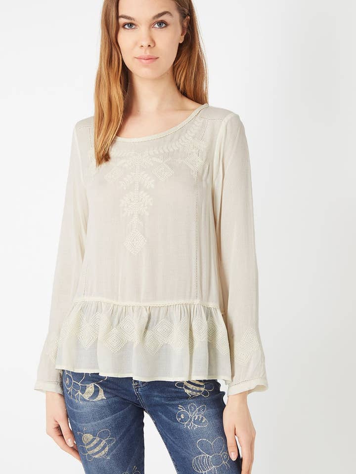 Embroidered blouse with ruffle at the bottom - AN-260180 for wholesale by BanBat