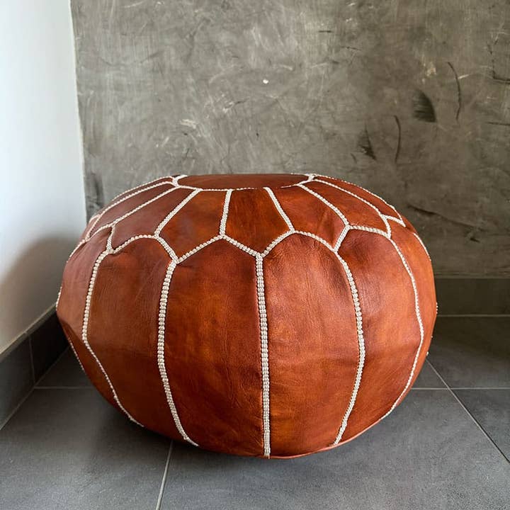 Handmade Leather Pouf Ottoman – Round Moroccan Footstool for wholesale by DarKech