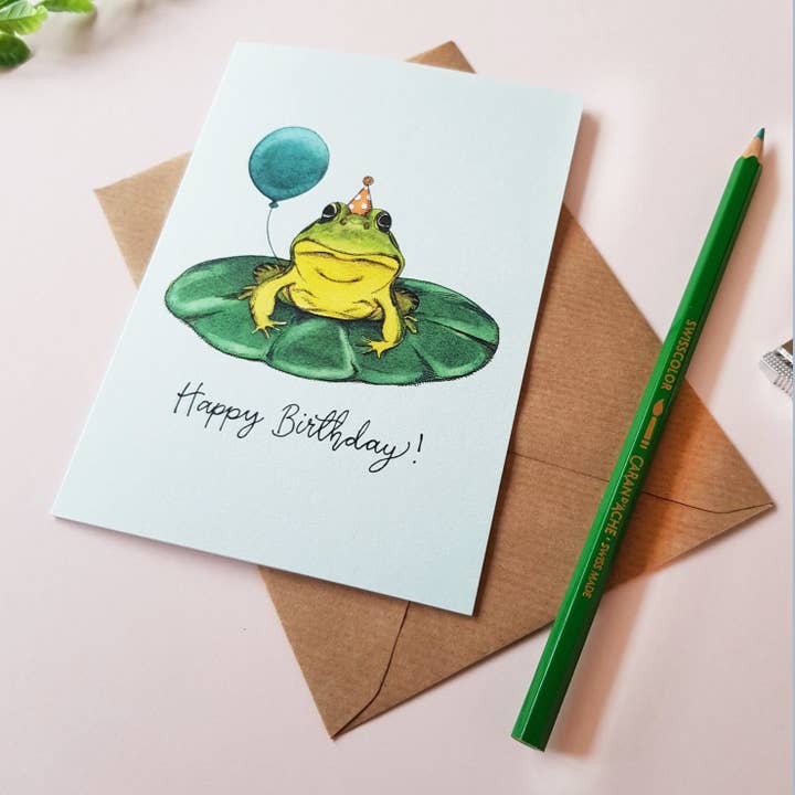 Amelia Illustration - Vente Cartes d'anniversaire - Carte de vœux Joyeux anniversaire grenouille