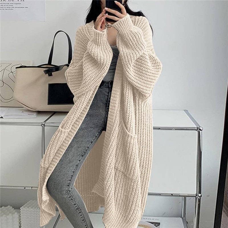 Plush Looks - Wholesale Cardigan - Women's - Thick Mid-Length Loose Knit Sweater Coat12