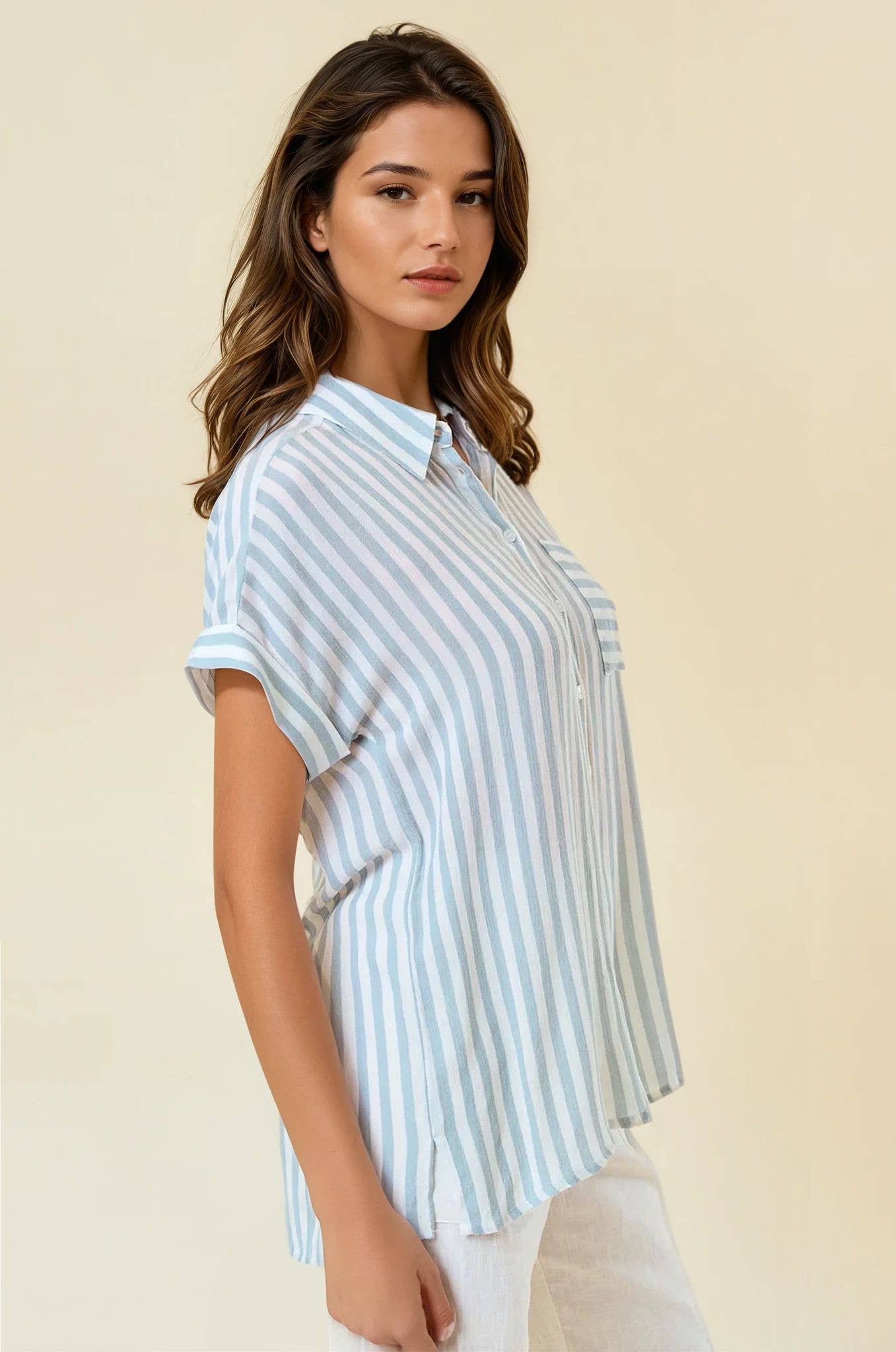 White Dusty Blue Striped Short Sleeve Shirt With Rolled Cuffs - 41321T for wholesale on Faire2