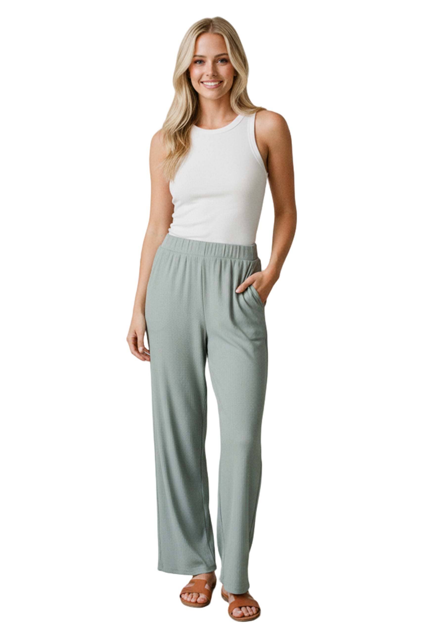 Good Stuff Apparel - Wholesale Pants - Women's - Women's High Waisted Solid Ribbed Straight Leg Pants4