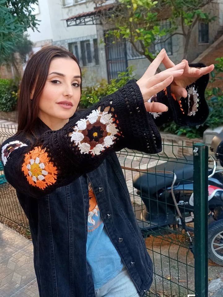 Black Denim Jacket with Crochet Sleeves - Upcycled Denim for wholesale by Design company-Fatma Balkir