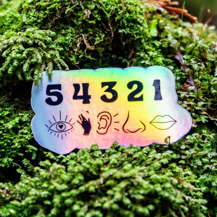 Mindful over Mind Full - Wholesale Sticker - Holographic 54321 Grounding Sticker | Therapy Sticker