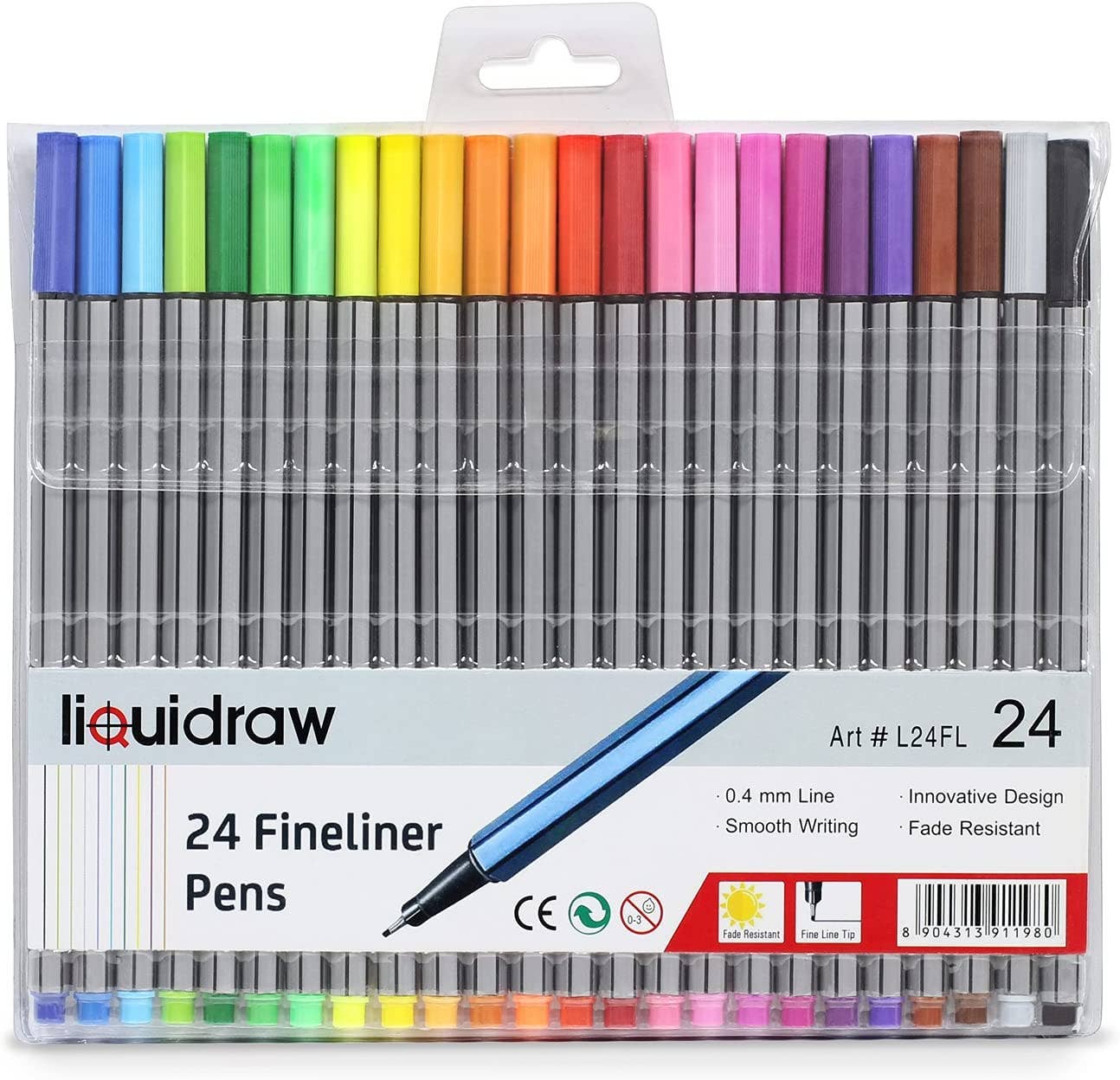 Liquidraw - Vendita all'ingrosso Penne - Set di 24 penne colorate Liquidraw Fineliner, penne a punta fine 0,4 mm colori assortiti, penne colorate Fineliner.