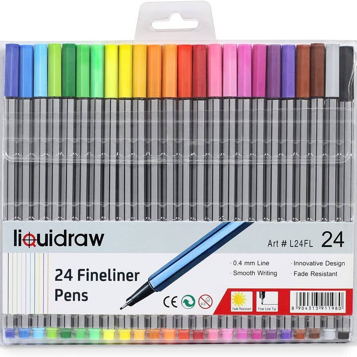 Liquidraw - Vendita all'ingrosso Penne - Set di 24 penne colorate Liquidraw Fineliner, penne a punta fine 0,4 mm colori assortiti, penne colorate Fineliner.