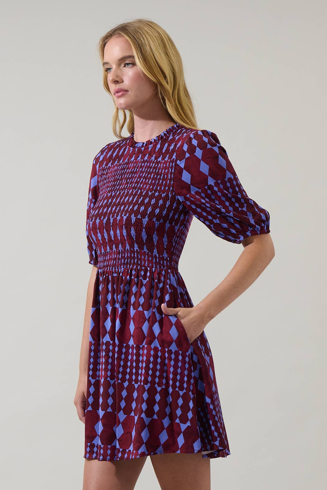 BURG BLUE Ramsay Abstract Sulen Smocked Mini Dress for wholesale on Faire2