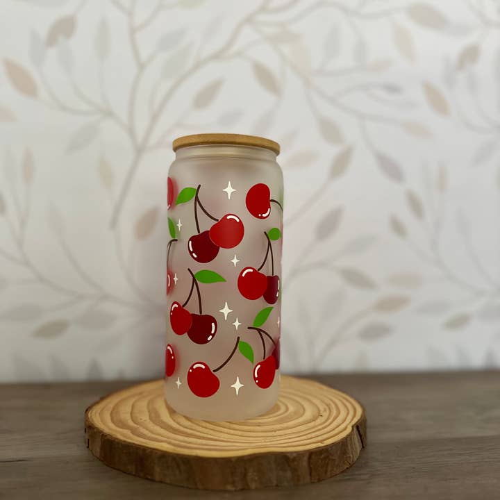 SKS Design Studio - Wholesale Drinking Glass/Cup - Cherry | 20 oz Glass Tumbler with Bamboo Lid & Straw