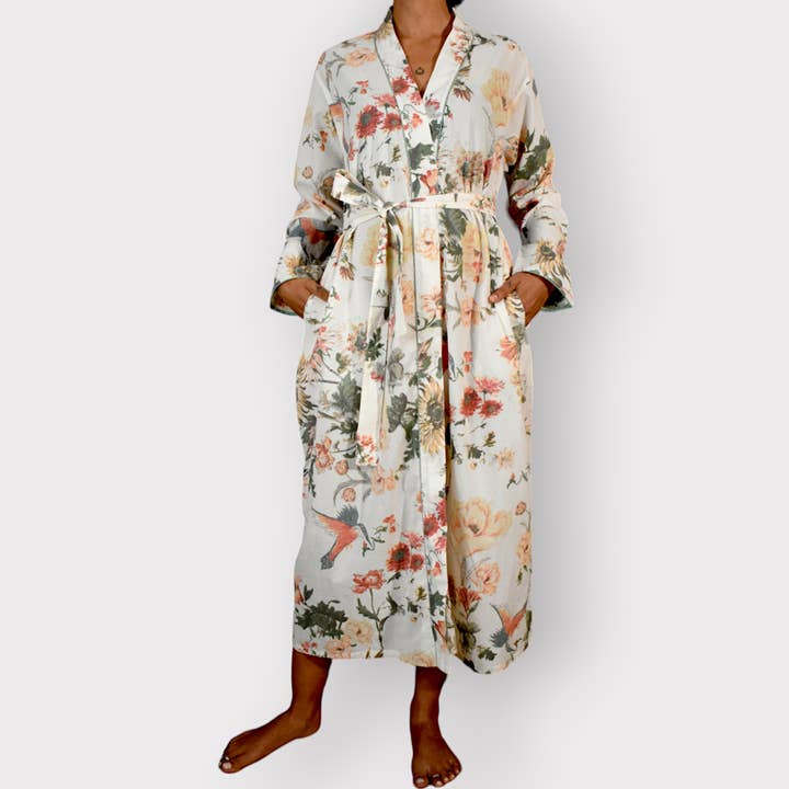 Devi Shop - Wholesale Robe - Women's - Cotton Block Print Robe ~ Blooms White4