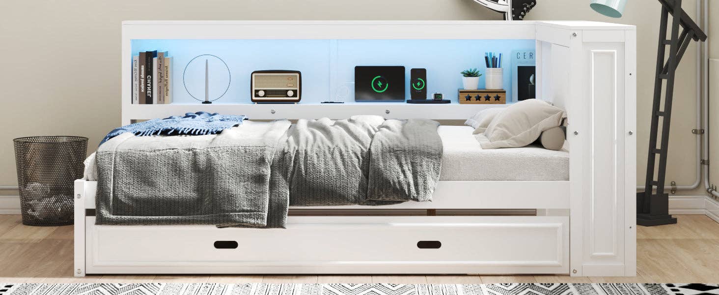 39F Inc. - Wholesale Bed - Full Size White Daybed with Storage Shelves USB and Trundle7