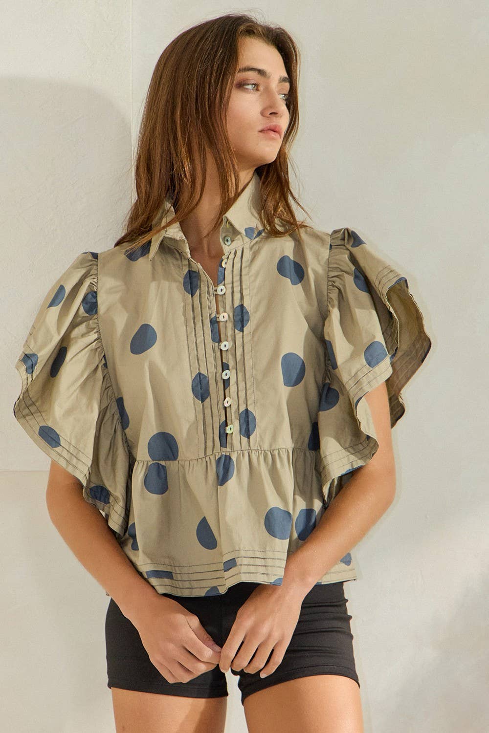 BUCKETLIST INC - Wholesale Blouse - Women's - IT2337 Ruffle Sleeves Pintuck Detail Polka Dot Print top31