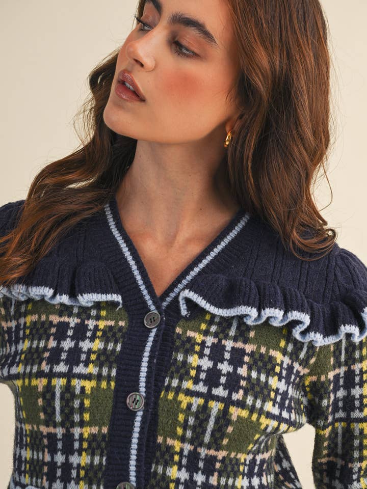 &MERCI - Wholesale Cardigan - Women's - RUFFLED YOKE PLAID SWEATER CARDIGAN MSW1118518