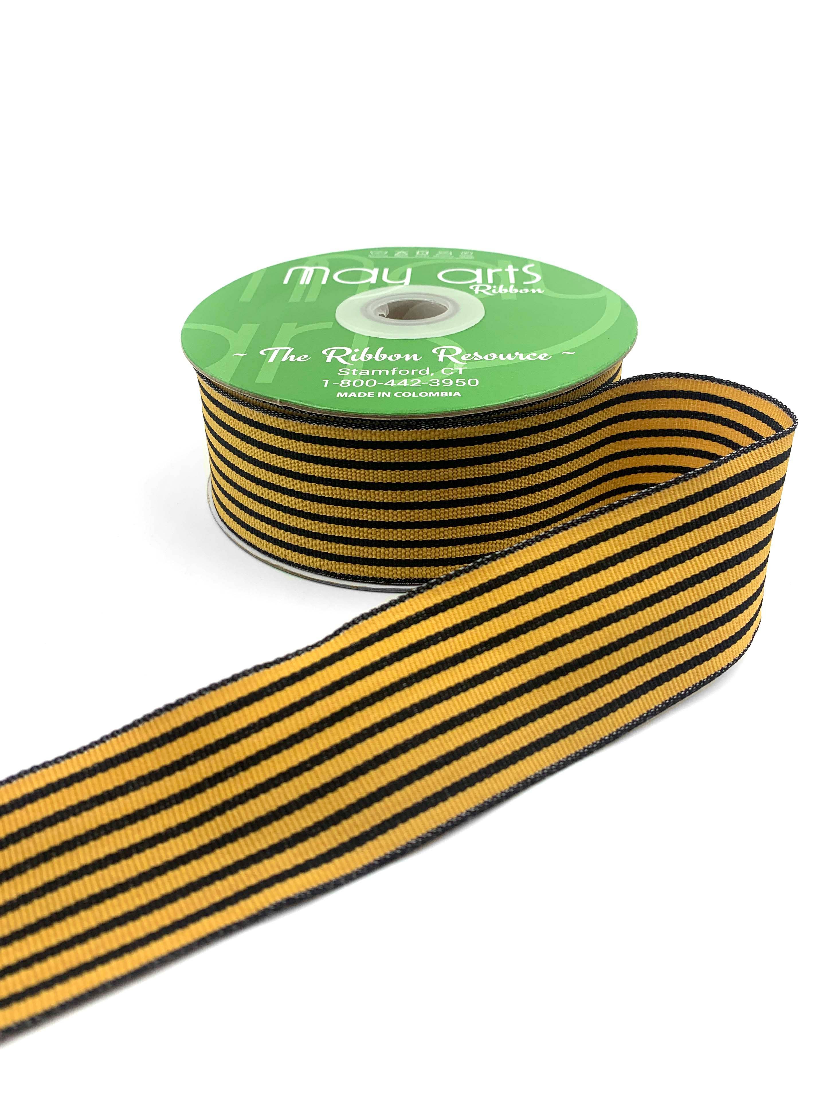 May Arts Ribbon - Vendita all'ingrosso Nastri - Confezione regalo - Nastro in grosgrain intrecciato classico a righe nere e dorate da 1,5 pollici