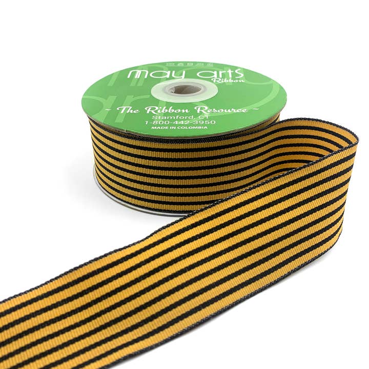 May Arts Ribbon - Wholesale Ribbon - Gift Wrapping - 1.5" Woven Classic Black & Gold Striped Grosgrain Ribbon