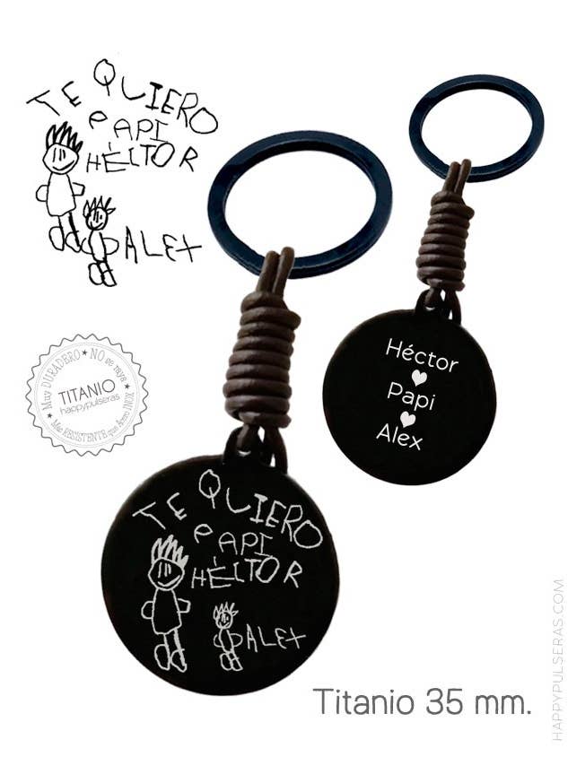 Schwarzer Stahl-Schlüsselanhänger mit Lederband 35 mm mit Muster. für den Großhandel von Happypulseras