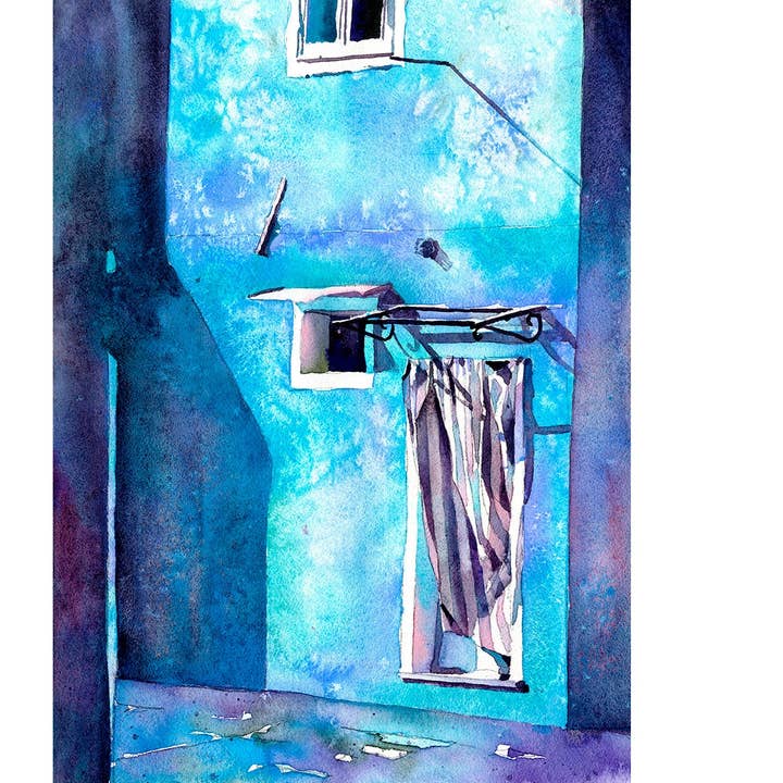Kleurrijk schilderij van deuropeningen in Italië. Kunstaquarel van kleurrijk huis en deuropening in Burano, Italië woondecoratie Burano Venice kunstwerk (print) voor wholesale door Ryan Fox Fine Art