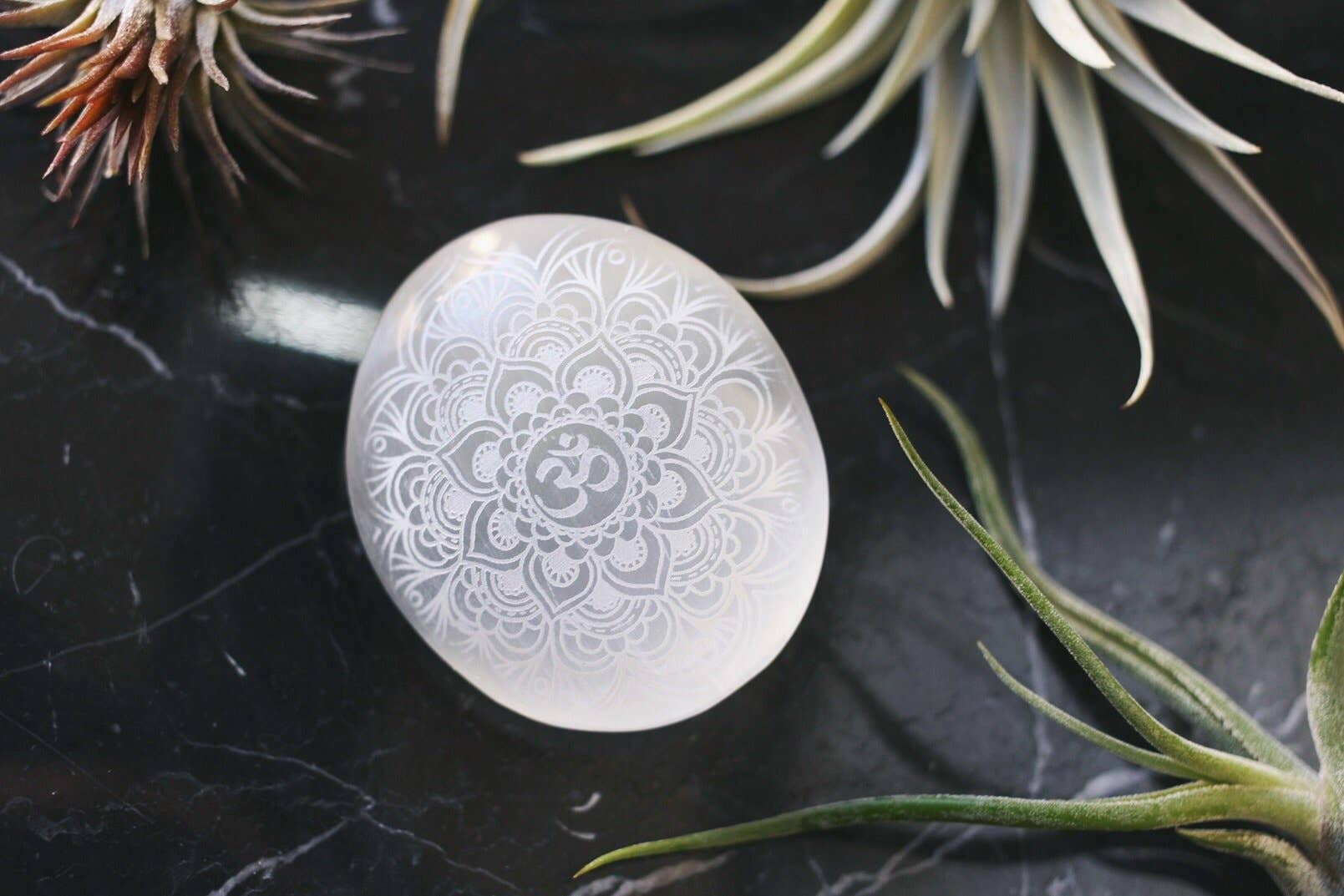 Fractalista Designs - Wholesale Spiritual Stone/Crystal - Etched Selenite Meditation Palm stone "Om Mandala"