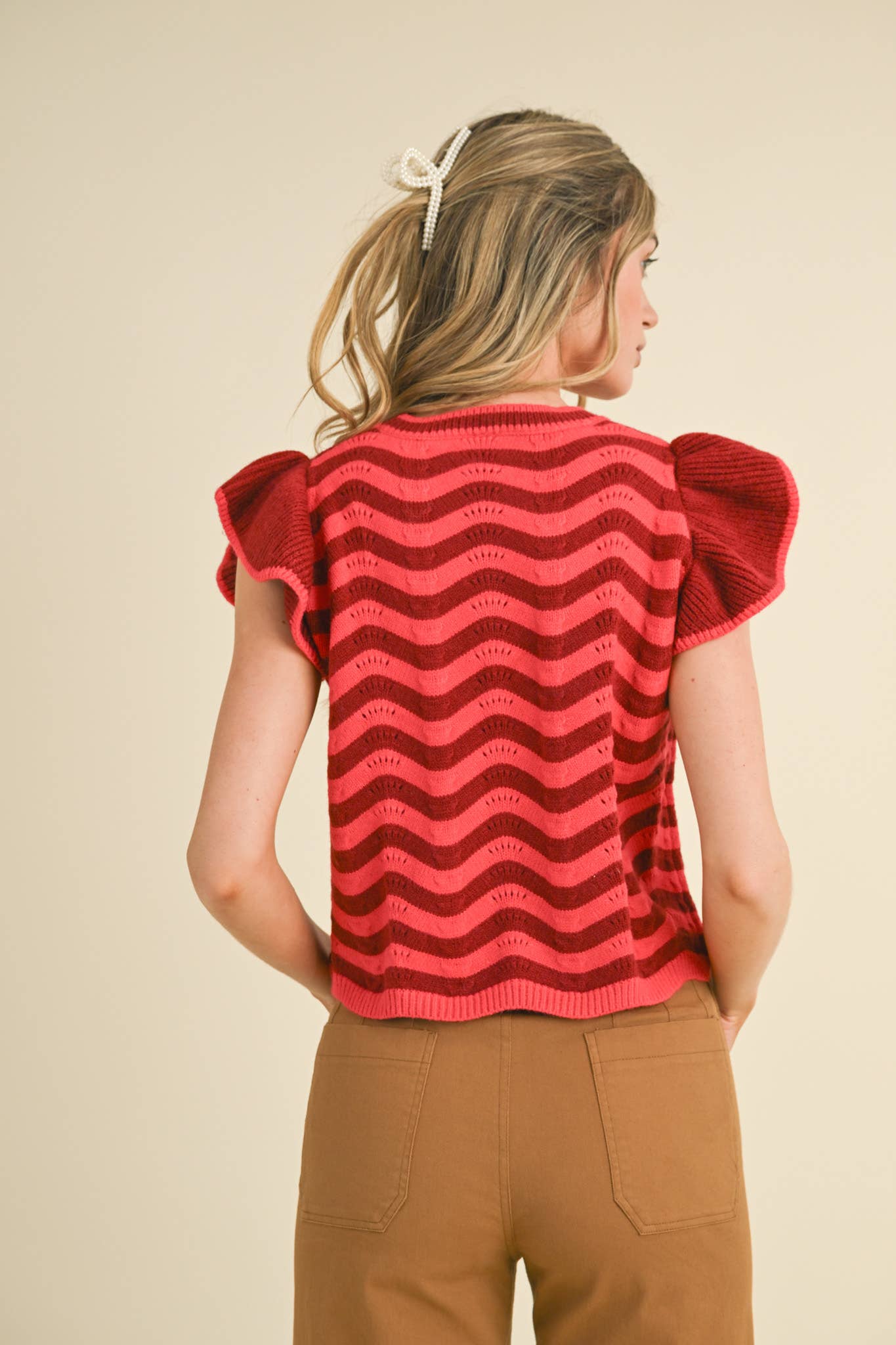 &MERCI - Wholesale Knit Sweater - Women's - WAVY STRIPES FLUTTER SLEEVE SWEATER TOP MSW1050979