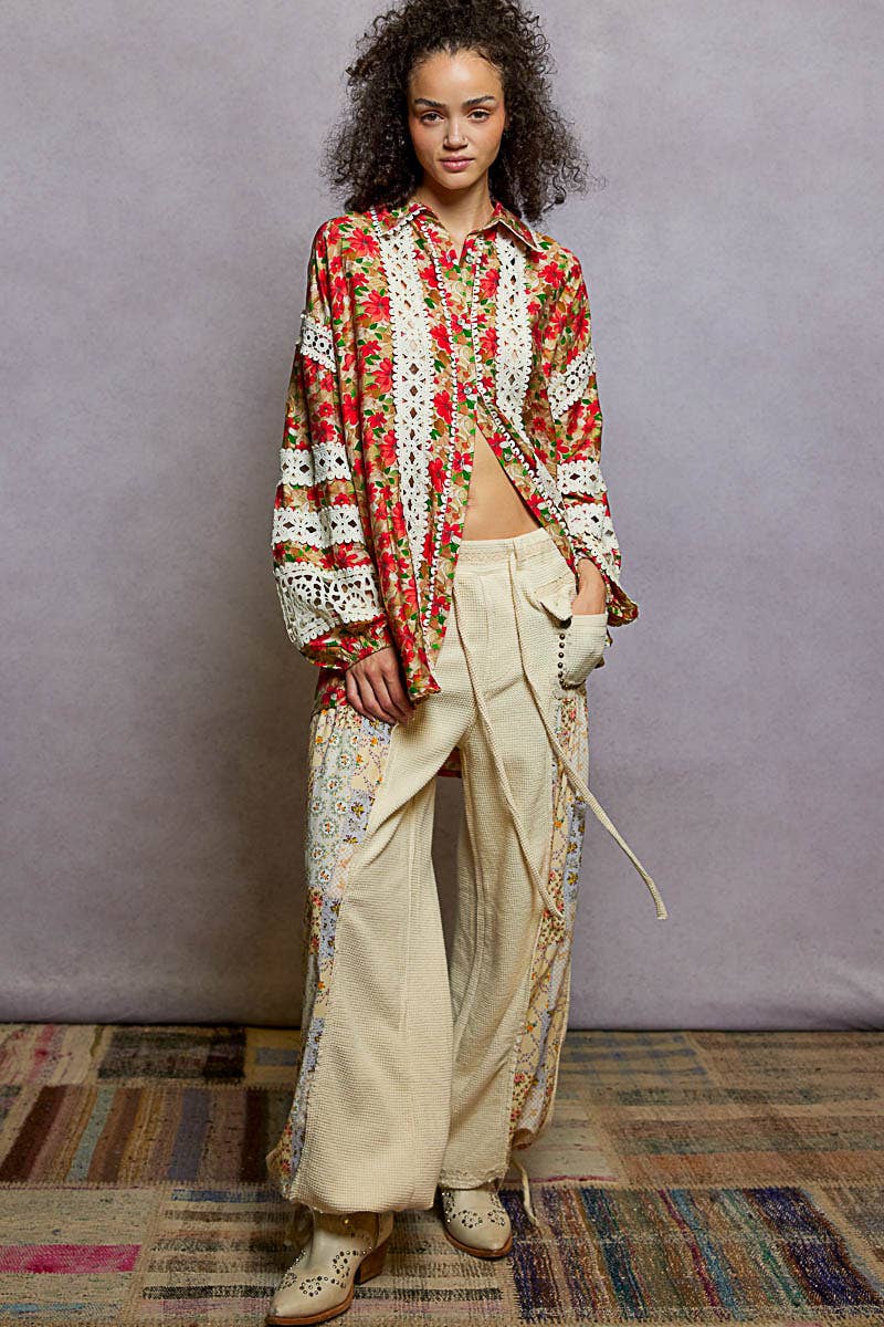 Pol Clothing - Wholesale Button Down Shirt - Women's - Balloon Sleeve Trim See-through Floral Printed Shirt Top9