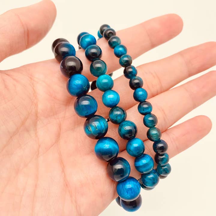 Mio Queena - Wholesale Beaded Bracelet - Sky Blue Tiger's Eye Stone Beaded Stretch Bracelet - CS