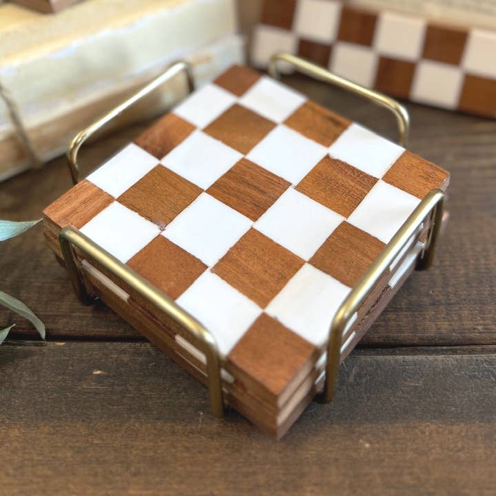 Made Market Co. - Wholesale Coasters - Checkered Wood Coasters with Stand0