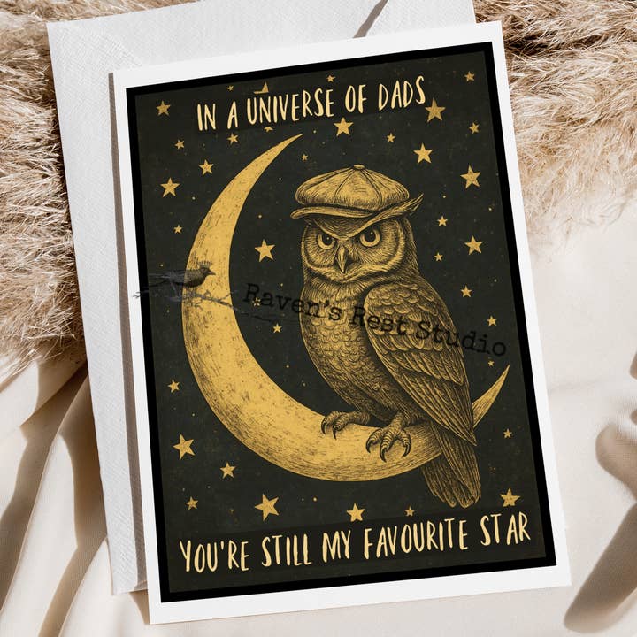 Greeting Card. For Dad. Vintage Owl. Father's Day. Moon Star for wholesale by Cheerful Whimsies