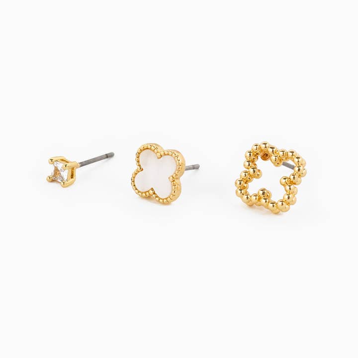 Sessori - Wholesale Jewelry Set - MOP Clover and CZ Stud Earring Set of 3
